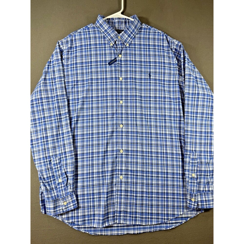 Polo Ralph Lauren Performance Shirt Mens 2XL Blue Stretch Plaid Long Sleeve NWOT